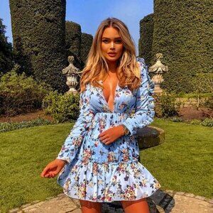 ✨NEW Designer NAT & LIV Comino Couture UK Deep V Plunge Tiered Floral Dress S M✨